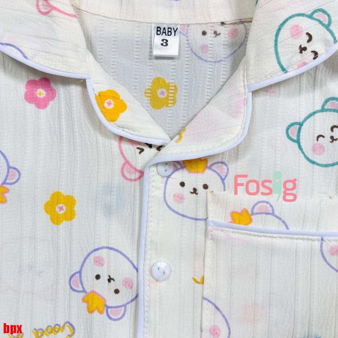  [6-9kg; 12-13kg] Set Đồ Bộ Ngủ Ngắn Pijama Vải Xô Cho Bé - Kem Gấu Hoa 