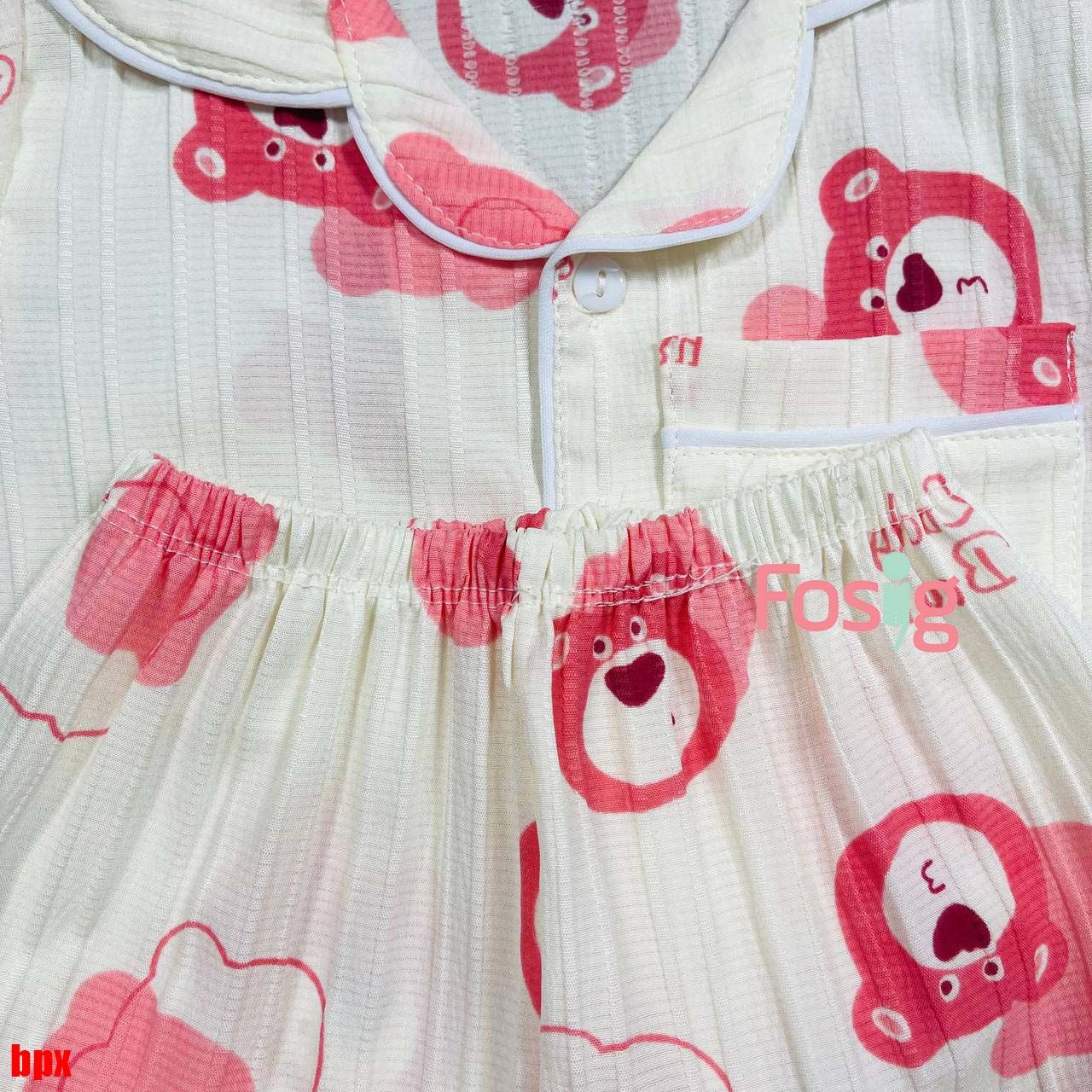  [6-7kg] Set Đồ Bộ Ngủ Ngắn Pijama Vải Xô Cho Bé - Kem Gấu Dâu 