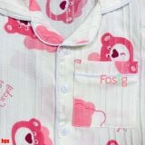  [6-7kg] Set Đồ Bộ Ngủ Ngắn Pijama Vải Xô Cho Bé - Kem Gấu Dâu 