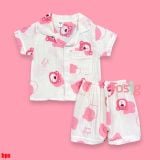  [6-7kg] Set Đồ Bộ Ngủ Ngắn Pijama Vải Xô Cho Bé - Kem Gấu Dâu 