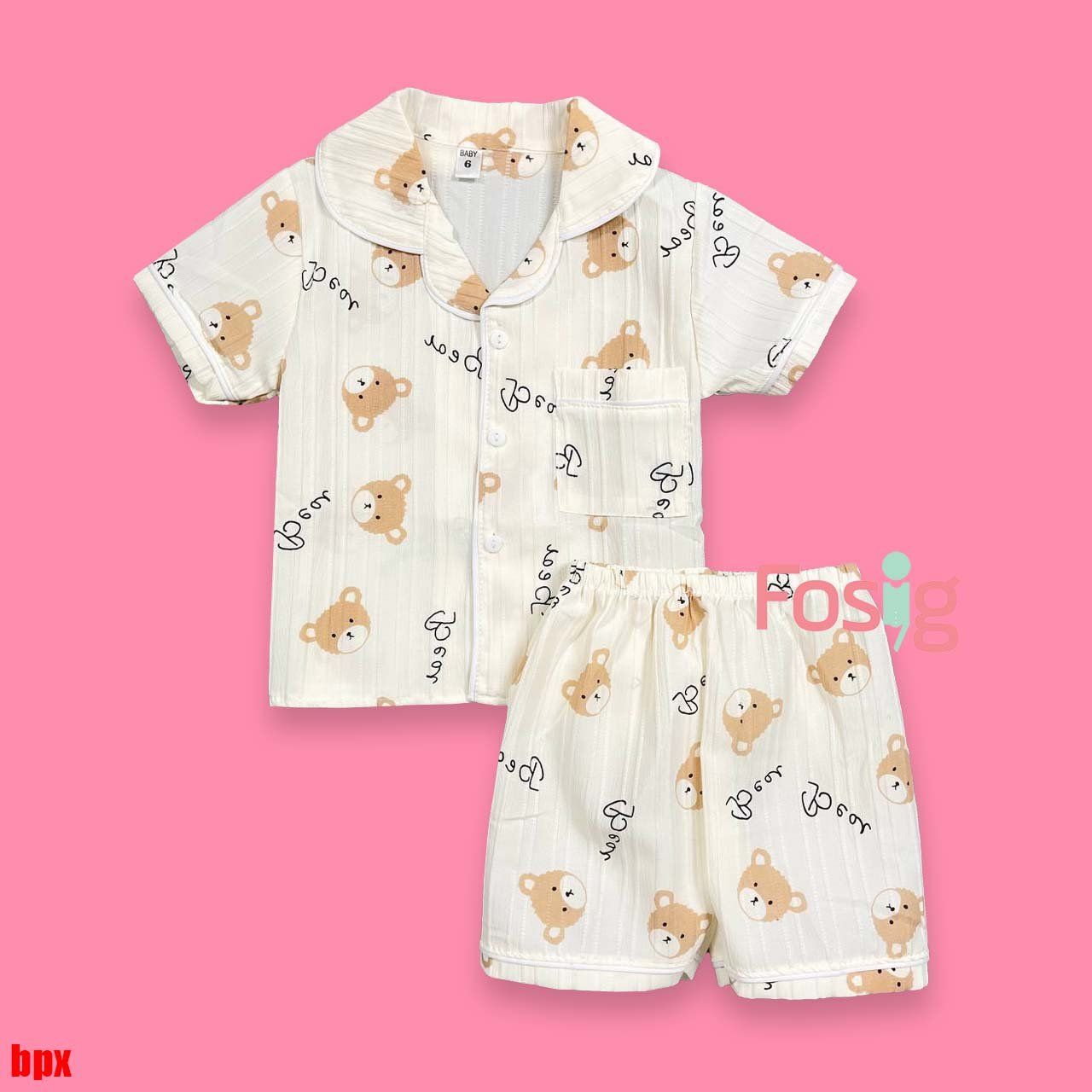  [6-10] Set Đồ Bộ Ngủ Ngắn Pijama Vải Xô Cho Bé - Kem Gấu Nâu 