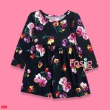  [9-12kg; 16-17kg] Đầm Cotton Tay Dài ON Bé Gái - Đen Hoa Tím Vàng 