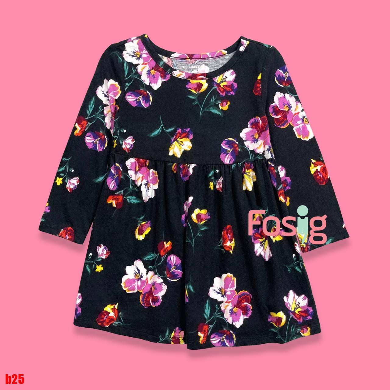  [9-12kg; 16-17kg] Đầm Cotton Tay Dài ON Bé Gái - Đen Hoa Tím Vàng 