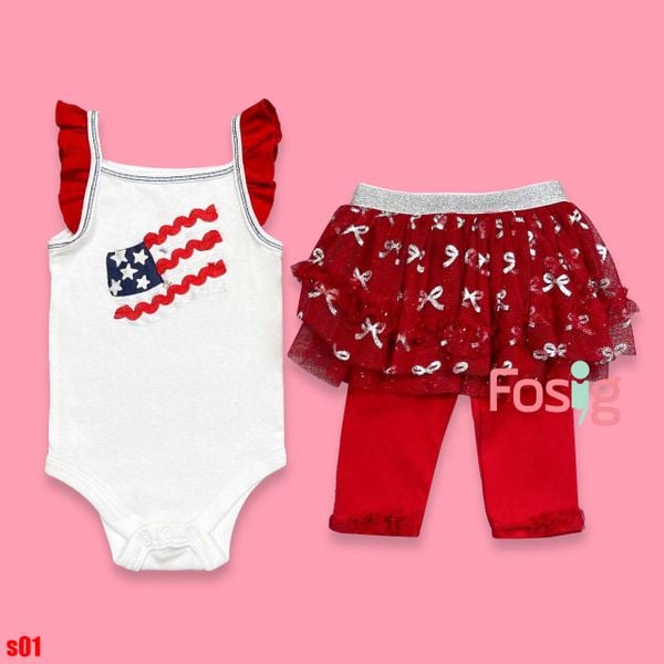  [0-3m] Set Body Kèm Quần Bé Gái - Trắng Cờ Mỹ 