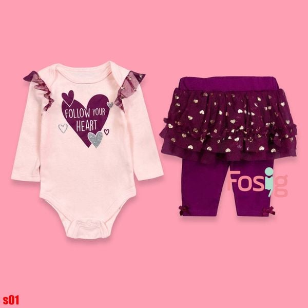  [0-3m] Set Body Kèm Quần Bé Gái - Hồng Tim Tím 
