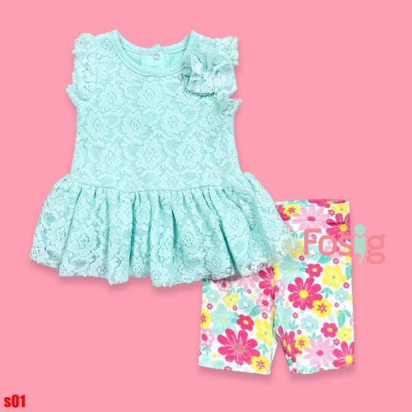  [0-6m] Set Áo Váy Kèm Quần Bé Gái - Xanh Ngọc Ren 