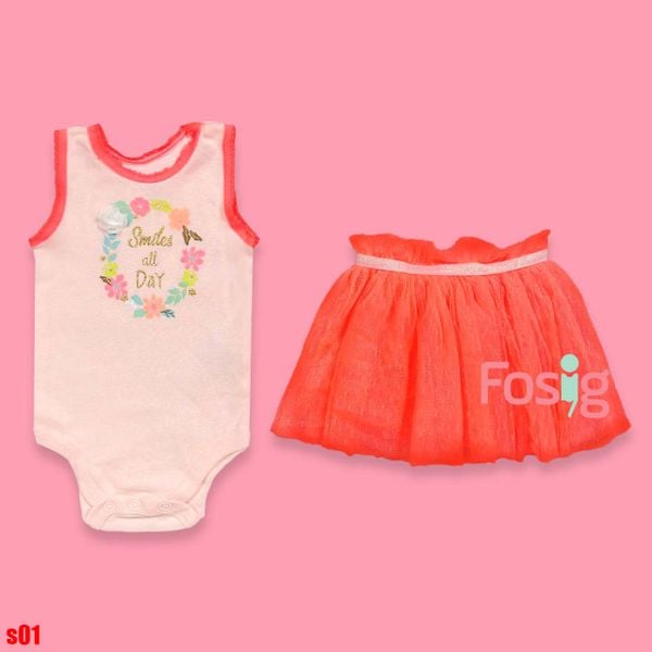  [0-9m] Set Body Kèm Chân Váy Bé Gái - Cam Hoa 
