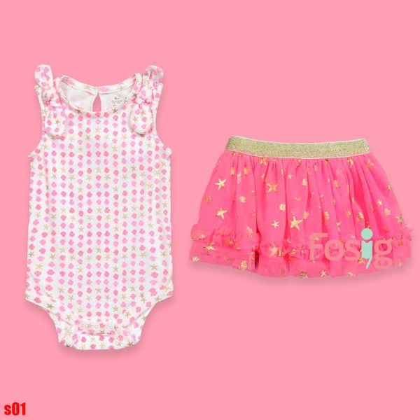  [0-6m] Set Body Kèm Chân Váy Bé Gái - Trắng Sò [Váy Voan] 