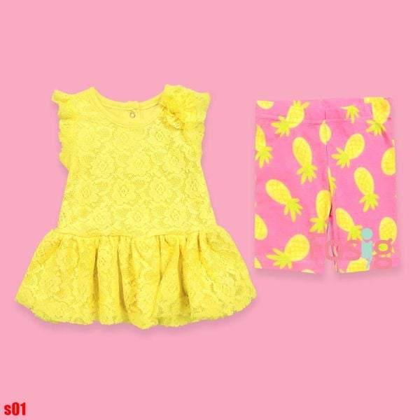  [3m-6m; 9-12m] Set Áo Váy Kèm Quần Bé Gái - Vàng Ren 