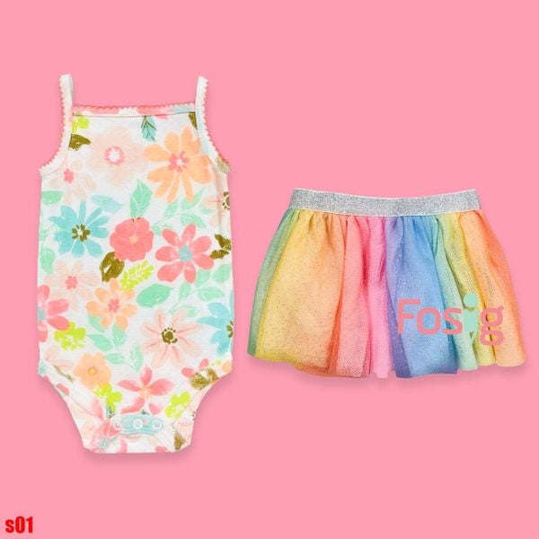 [0-3m] Set Body Kèm Chân Váy Bé Gái - Trắng Hoa Màu 