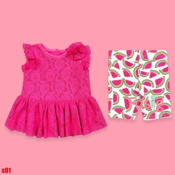  [0-3m; 12-18m] set  Áo Váy kèm quần - Hồng Đậm Ren 