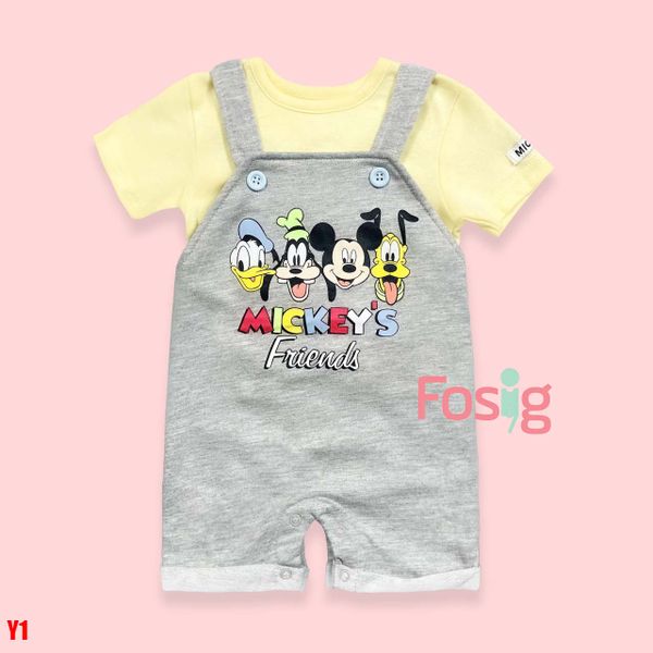  [6m] Set yếm kèm áo thun mềm cho bé DN- Xám MickeyFriends áo vàng Y1 