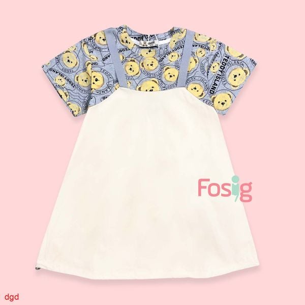  [16-30kg] Đầm Tay Ngắn Bé Gái - Xám Kem Gấu T136 