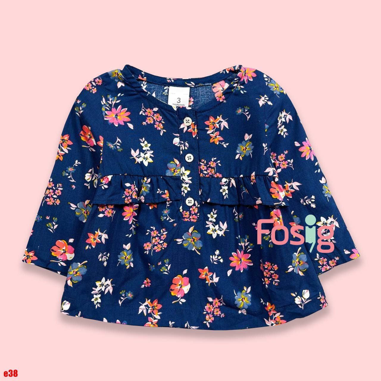  [4-5kg; 10-12kg] Áo thun cotton tay dài bé gái- Navy hoa nhỏ E38 