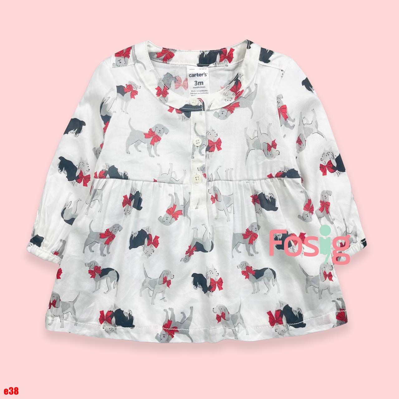  [3m] Áo thun cotton tay dài bé gái- Trắng chó nơ E38 