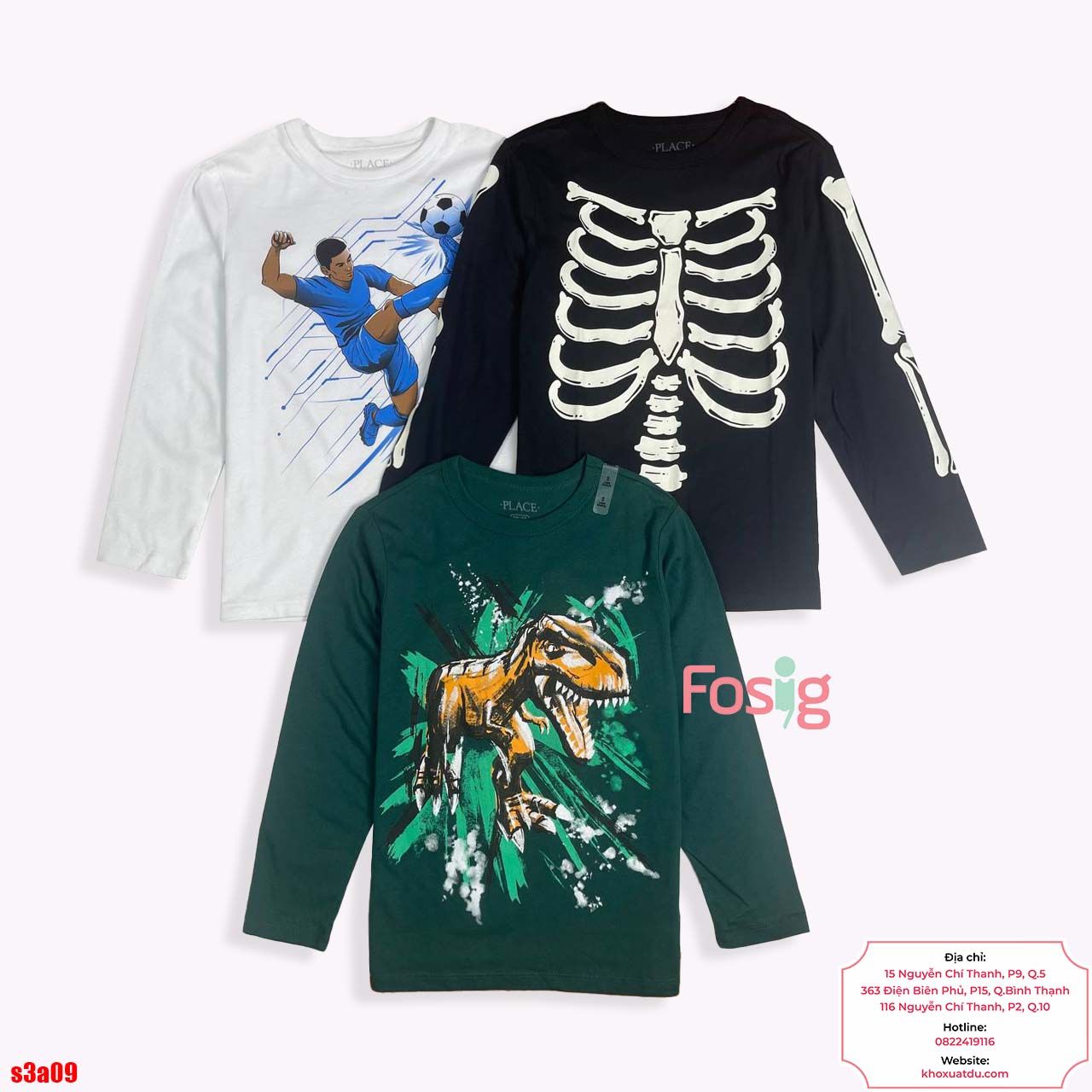  [10-15kg 24-58kg] Set 3 Áo Thun Tay Dài PL Bé Trai - Combo màu ngẫu nhiên 