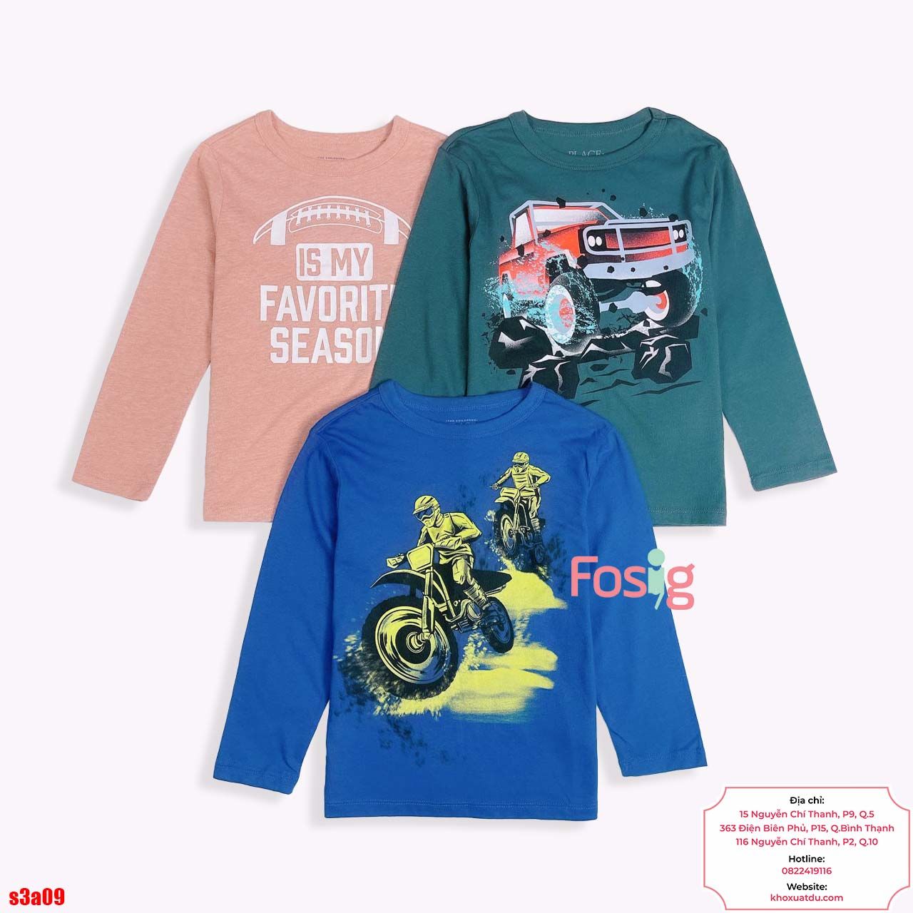  [10-15kg 24-58kg] Set 3 Áo Thun Tay Dài PL Bé Trai - Combo màu ngẫu nhiên 
