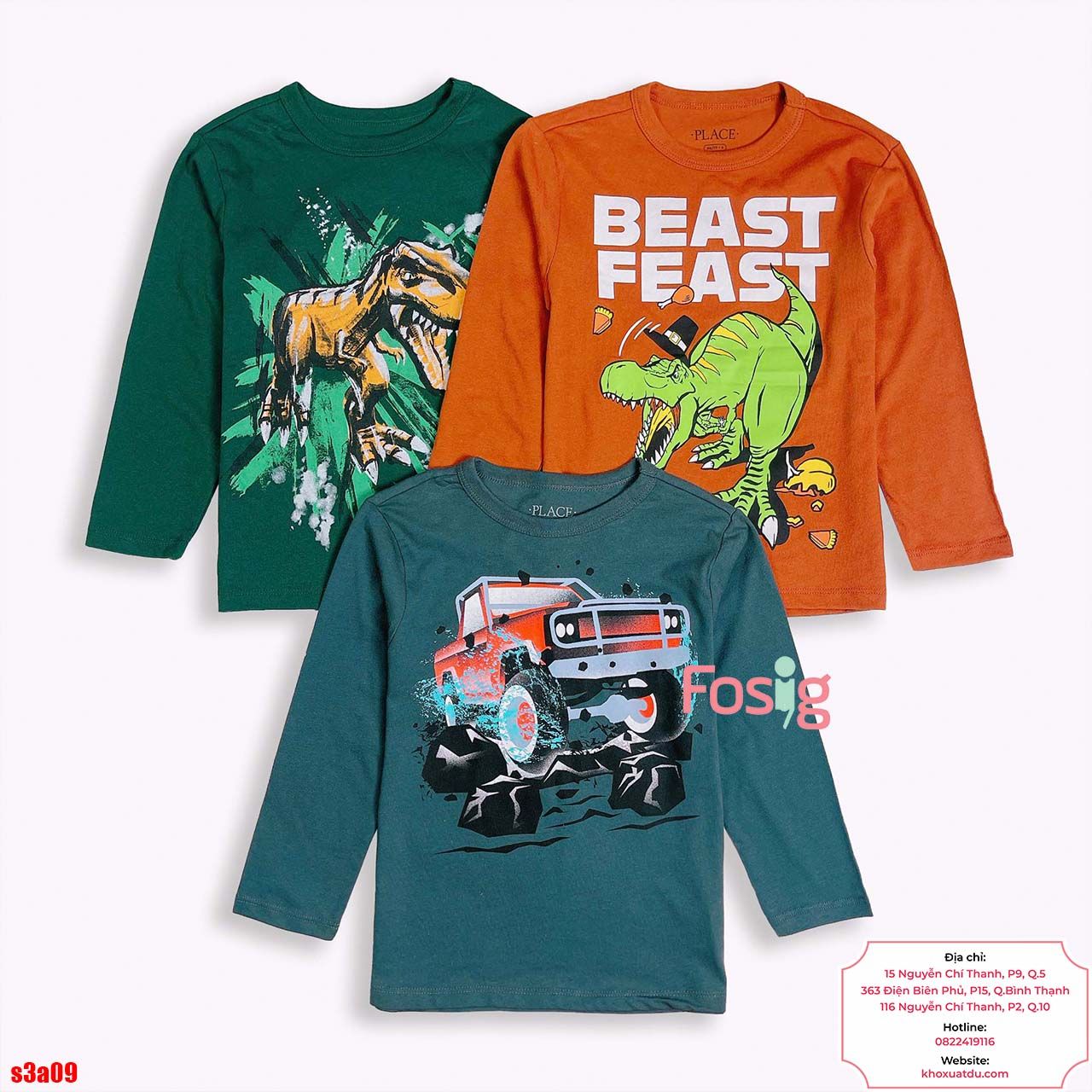  [10-15kg 24-58kg] Set 3 Áo Thun Tay Dài PL Bé Trai - Combo màu ngẫu nhiên 