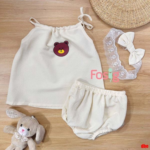  [9-15kg] Set Đồ Bộ Đũi Ngắn Băng Đô Bé Gái - Kem Gấu Đỏ 
