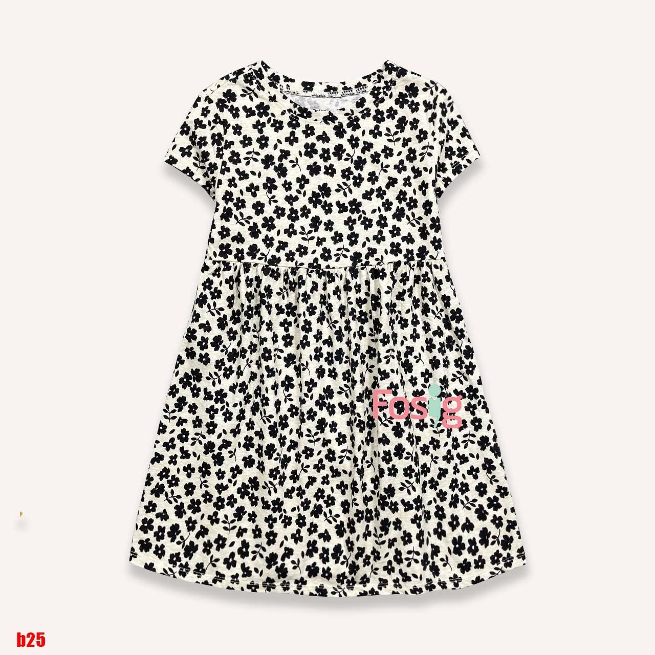  [15-16kg] Đầm thun coton Tay ngắn ON- Kem hoa lá đen B25 