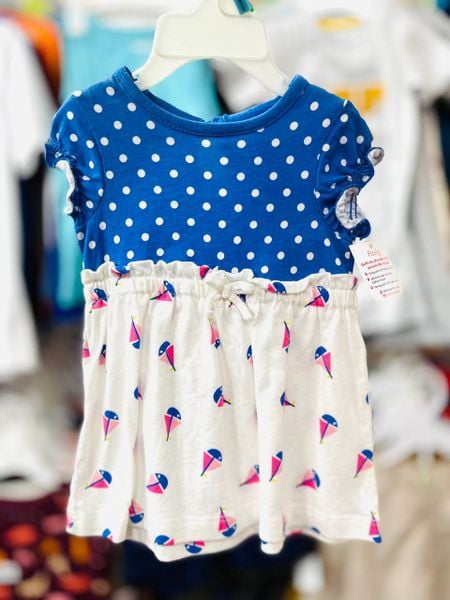  [0-3m] Đầm Cotton Tay Bèo Bé Gái - Xanh Trắng Thuyền 