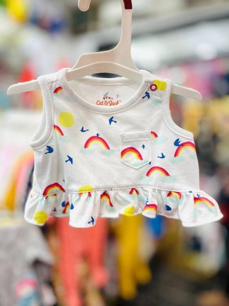 [0-9M] Áo Váy Thun Sát Nách Bé Gái 06 - Trắng Cầu Vồng 