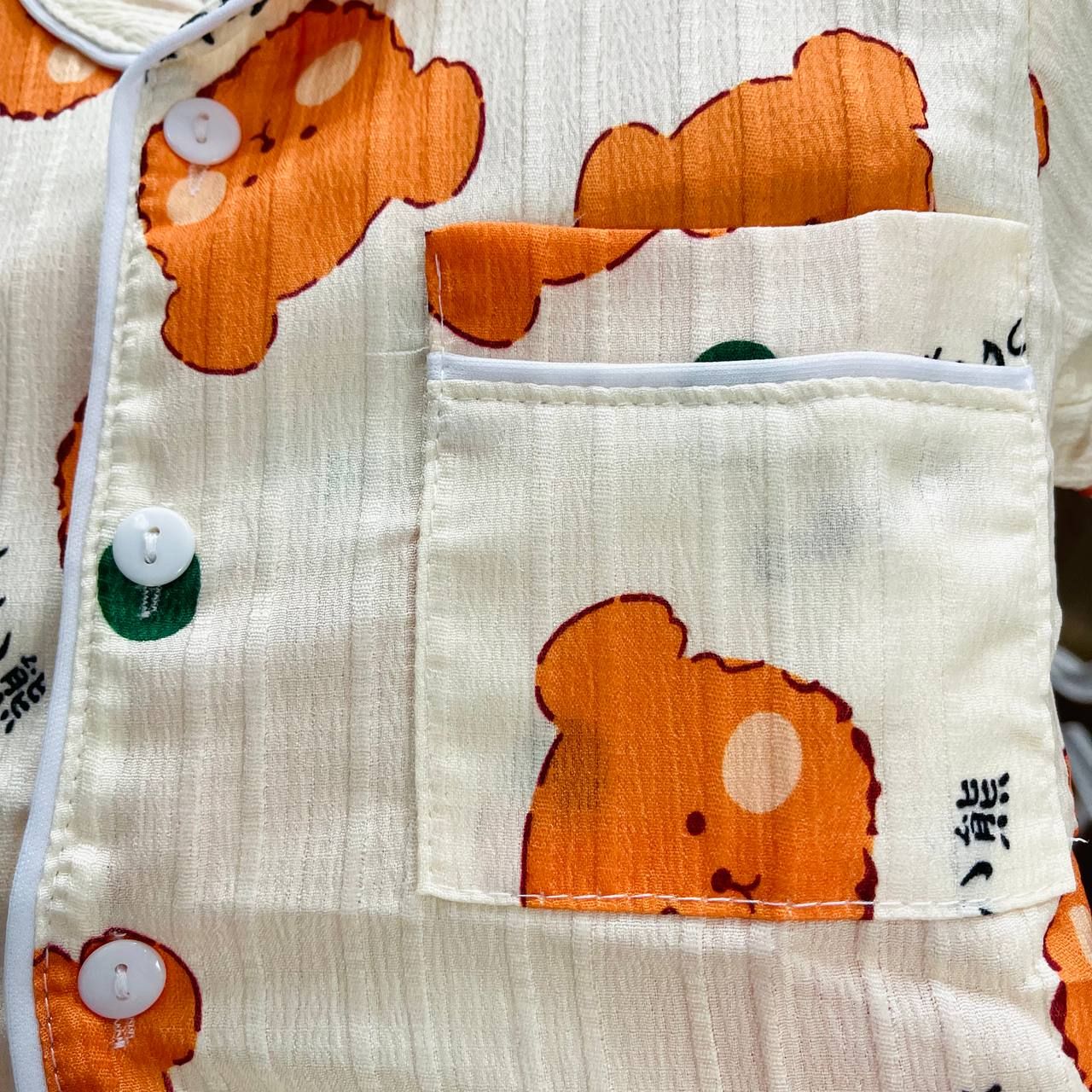  [6-12kg] Set Đồ Bộ Ngủ Ngắn Pijama Vải Xô Cho Bé - Kem Gấu Cam 