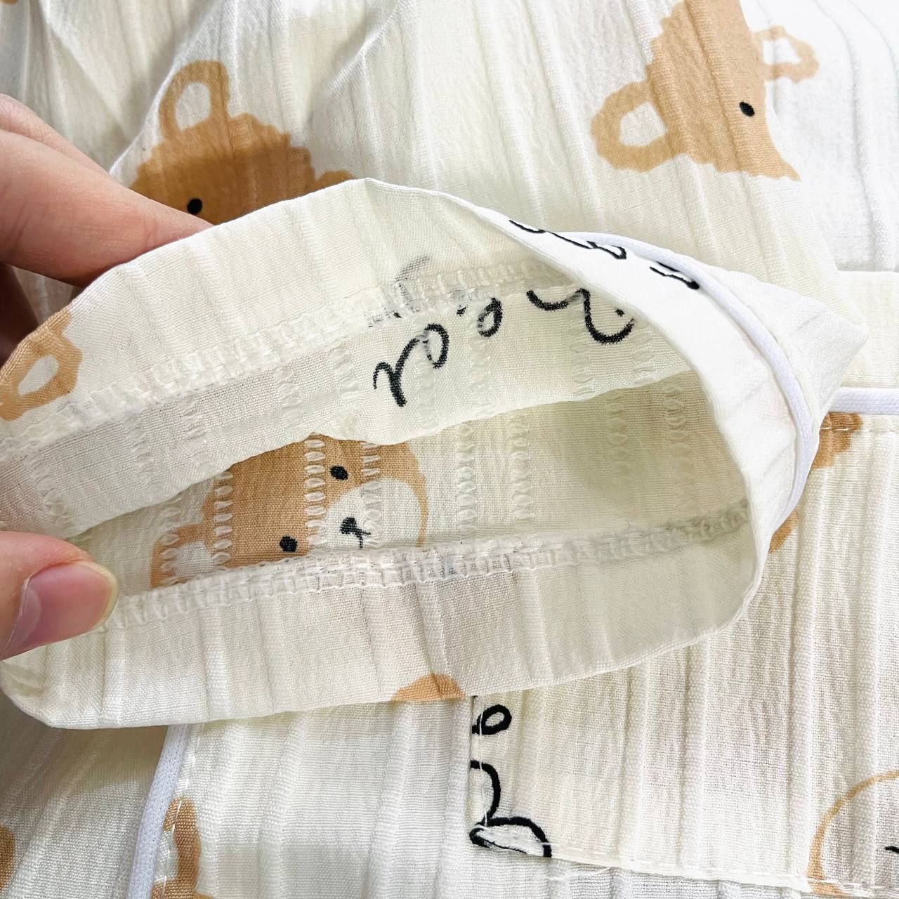  [6-10] Set Đồ Bộ Ngủ Ngắn Pijama Vải Xô Cho Bé - Kem Gấu Nâu 