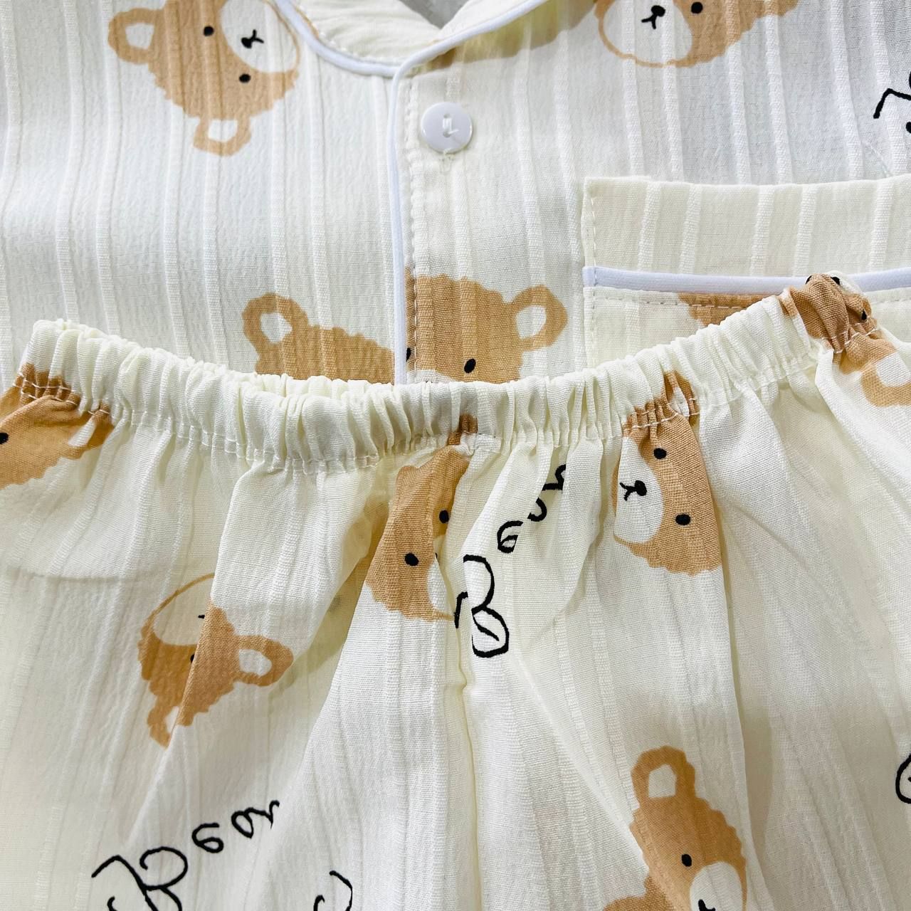  [6-10] Set Đồ Bộ Ngủ Ngắn Pijama Vải Xô Cho Bé - Kem Gấu Nâu 