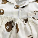  [6-13kg] Set Đồ Bộ Ngủ Ngắn Pijama Vải Xô Cho Bé - Trắng Gấu Nâu 