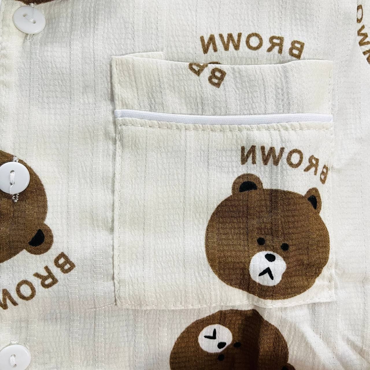  [6-13kg] Set Đồ Bộ Ngủ Ngắn Pijama Vải Xô Cho Bé - Trắng Gấu Nâu 