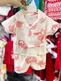  [6-7kg] Set Đồ Bộ Ngủ Ngắn Pijama Vải Xô Cho Bé - Kem Gấu Dâu 