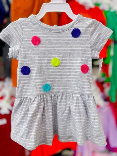  [0-6m] Đầm Cotton Tay Ngắn Bé Gái Cter - Sọc Xám Bông Màu 