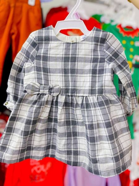  [3m-6m ; 24m] Đầm Kate Tay Dài Bé Gái Cter - Caro Xám 