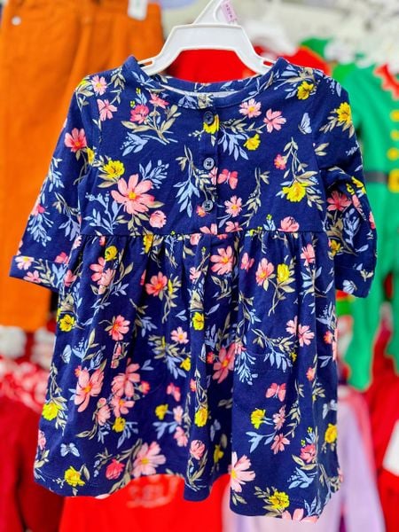  [0-18m] Đầm Cotton Tay Dài Bé Gái Cter - Navy Hoa Hồng Vàng 