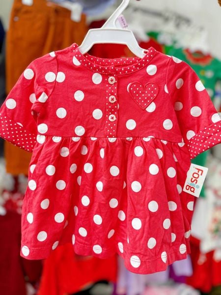  [3m-6m; 18-24m] Đầm Cotton Tay Dài Bé Gái Cter - Đỏ Chấm Trắng 