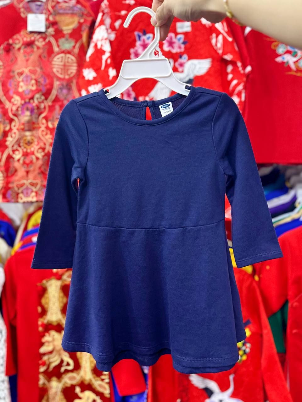  11-12kg Đầm Thun Cotton Tay Dài Bé Gái ON - Navy Da Cá 