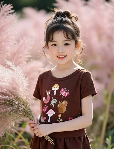  4-7kg  Áo Thun Tay Ngắn Bé Gái Cter - Nâu Đậm Thú 
