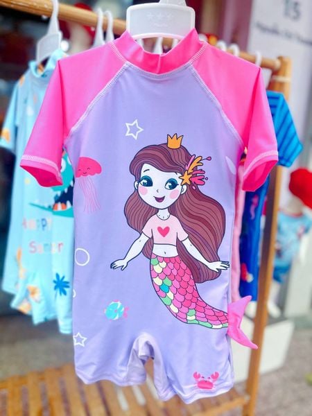  9-14kg; 18-20kg Set 2 món nón và đồ bơi liền thân (bộ nhái) cho bé gái- Tím tóc nâu B08 