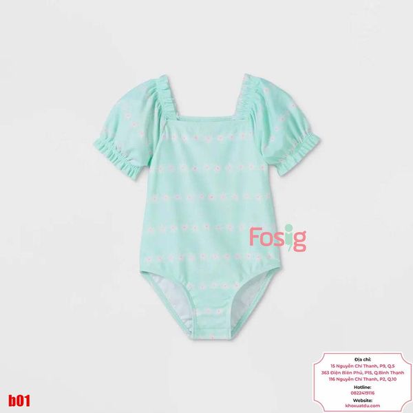  [15-19kg] Đồ Bơi Bé Gái CJ - Xanh Ngọc Hoa Trắng 