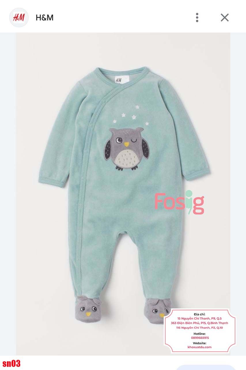  [0-2m; 4-5kg] Sleepsuit Nỉ Có Vớ Cúc Bấm Bé Trai - Xanh Cú Mèo 