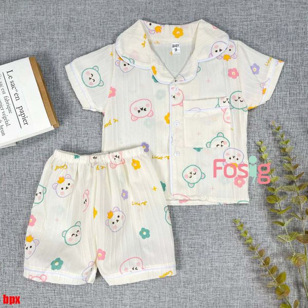  [6-15kg] Set Đồ Bộ Ngủ Ngắn Pijama Vải Xô Cho Bé - Kem Gấu Hoa 