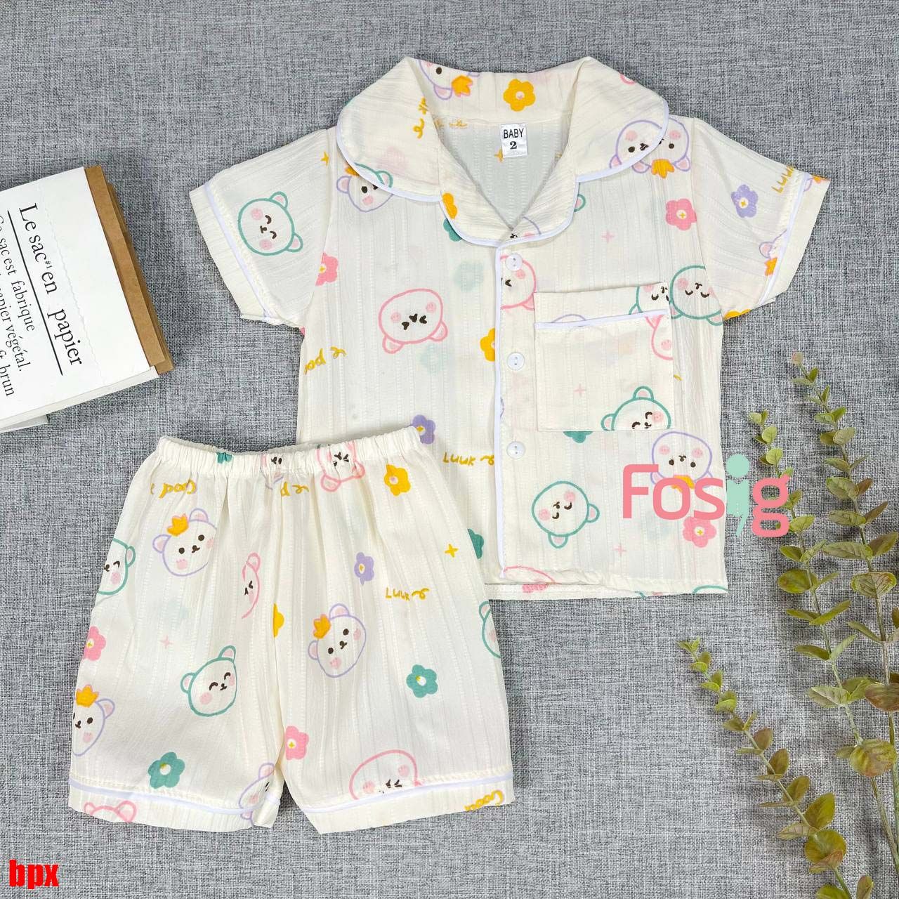  [6-9kg; 12-13kg] Set Đồ Bộ Ngủ Ngắn Pijama Vải Xô Cho Bé - Kem Gấu Hoa 