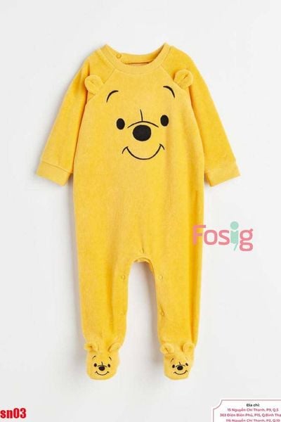  [0-4m, 12-16kg] Sleepsuit Nỉ Có Vớ Cúc Bấm Bé Trai - Vàng Gấu 