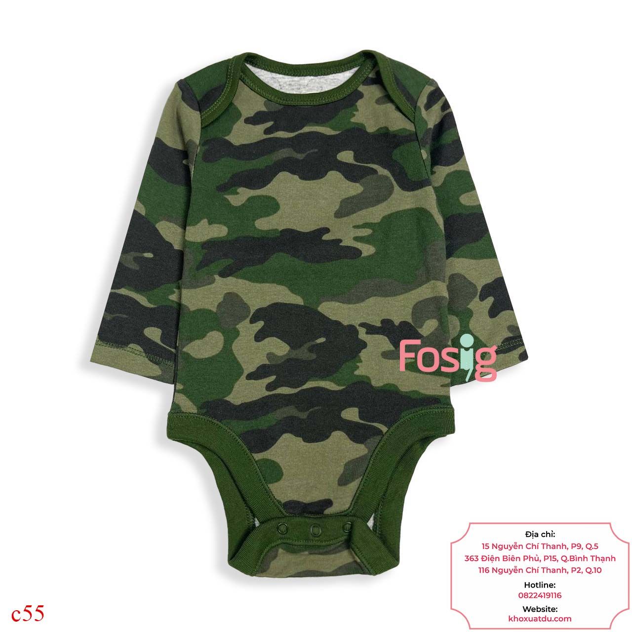  [3-6M ; 12-18M] Bodysuit Tay Dài Bé Trai ON - Xanh Rêu Camo 