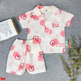  [6-7kg] Set Đồ Bộ Ngủ Ngắn Pijama Vải Xô Cho Bé - Kem Gấu Dâu 