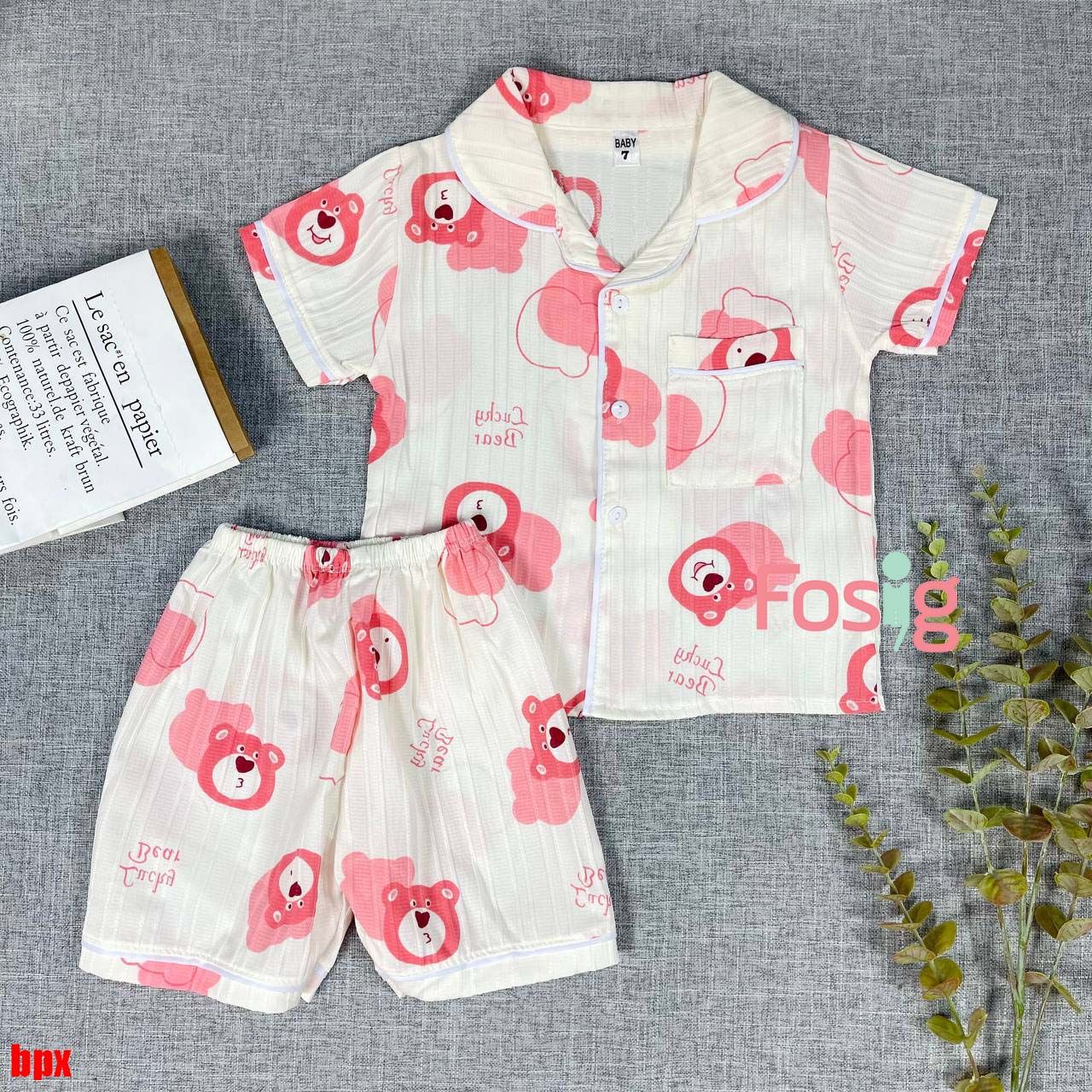 [6-7kg] Set Đồ Bộ Ngủ Ngắn Pijama Vải Xô Cho Bé - Kem Gấu Dâu 