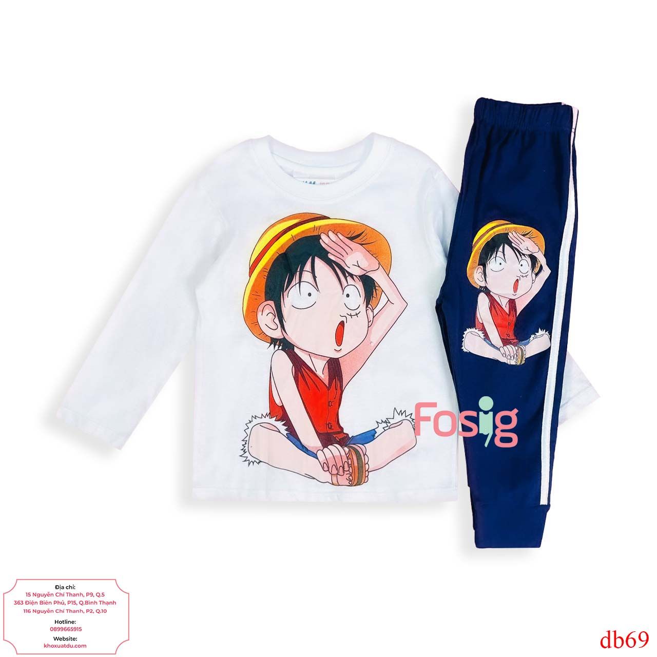  [14-21kg] Set Đồ Bộ Dài Xuất Khẩu Bé Trai - Trắng Luffy 