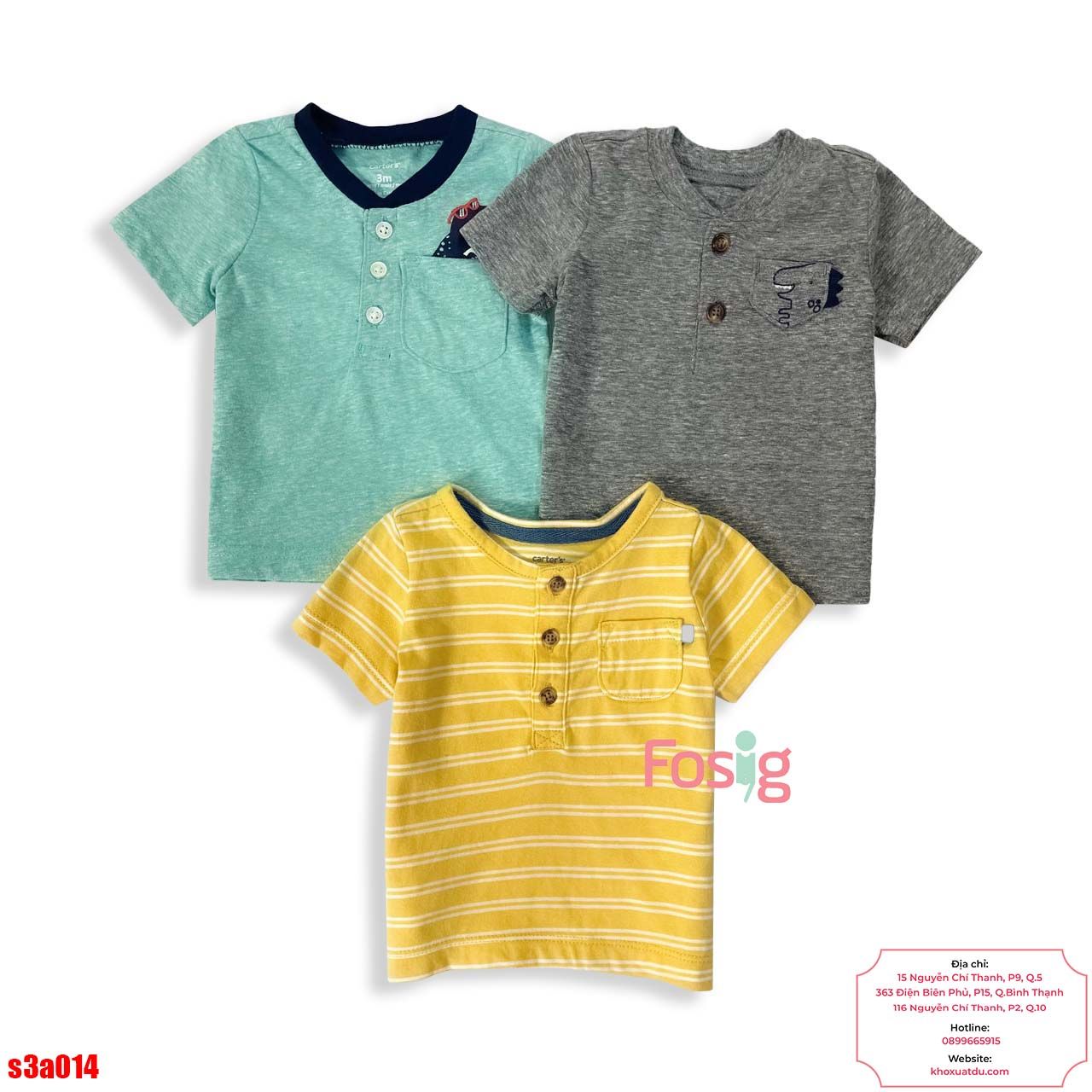  [6-11kg] Set 3 Áo Thun Tay Ngắn Cổ Trụ Cter Bé Trai - Combo màu ngẫu nhiên 