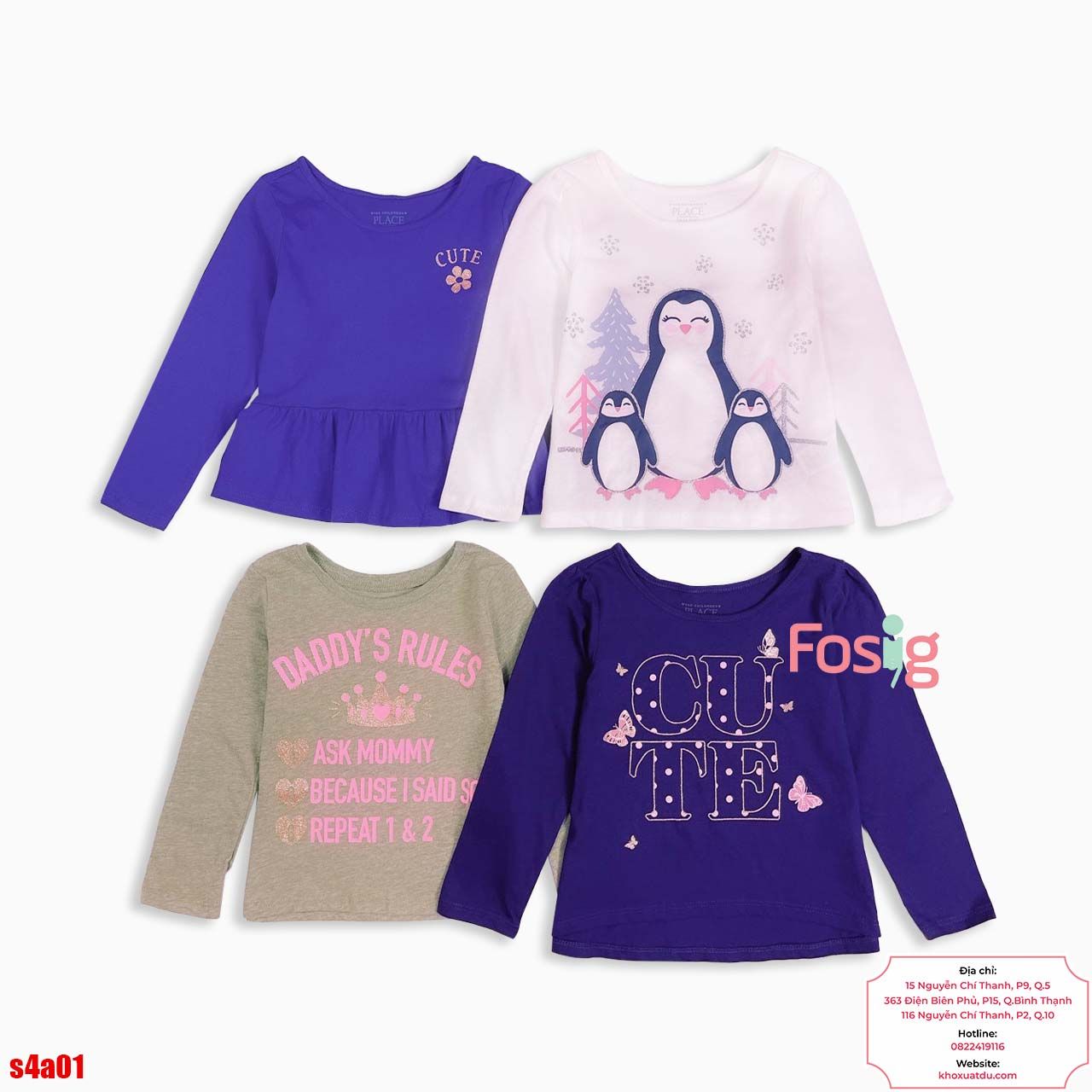  [13-15kg] Set 4 Áo Thun Tay Dài PL + Gara Bé Gái - Combo màu ngẫu nhiên 